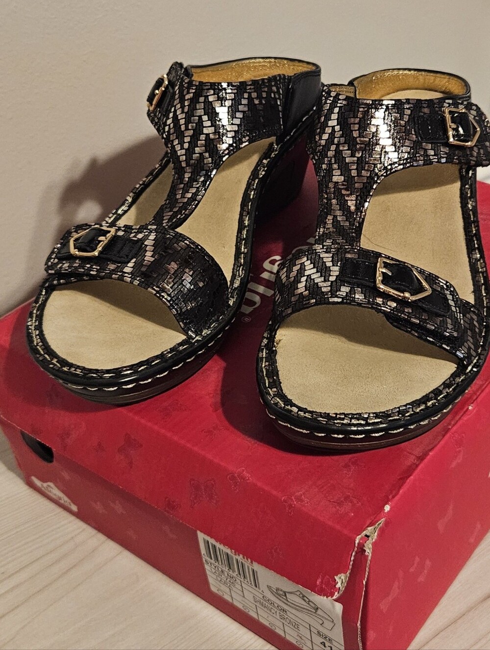 Alegria Women’s Lara EU 41 / US 10.5 Black and Metallic Sandals Schmancy Bronze